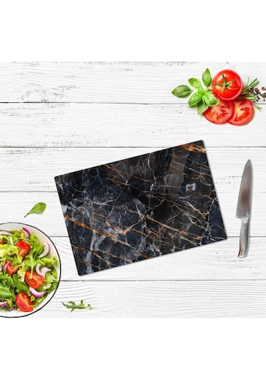 Saban Yaldızlı Mermer Görünümlü Cam Kesme Tahtası Cam Kesme Tablası 20 cm X 30 cm