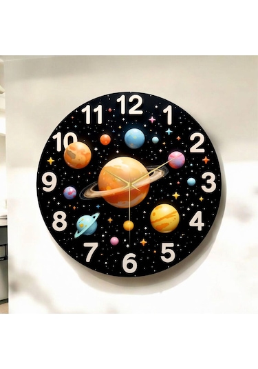 Renkli Baskı Gezegen Ve Uzay Desenli Sayılı Hediyelik Ahşap Sessiz Çocuk Duvar Saati 50cm ÇOk Renkli