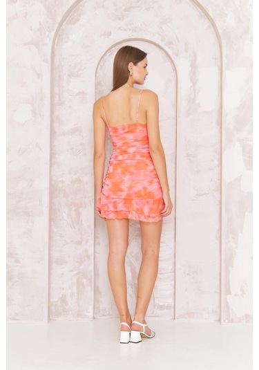 Darlin Moda Kadın Kırmızı Desenli Tül Askılı Mini Elbise Dm1046 Kırmızı