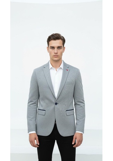 Plus Scorpion Gri Erkek İtalyan Kesim Blazer Ceket Lacivert Detaylı, Kol Yamali, Slim Fit Şık Tasarım Lacivert