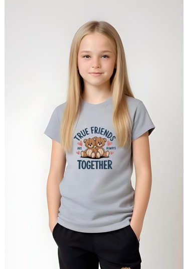 True Friends Baskılı Kız Çocuk Tişört Ve Eşofman Alt-üst Takım Gri