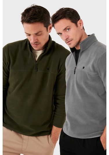 Buratti Slim Fit Anti-Pilling Tüylenme Yapmayan Bato Yaka Şardonlu 2'Li Paket Erkek Polar 5906001S2 Gri-Haki