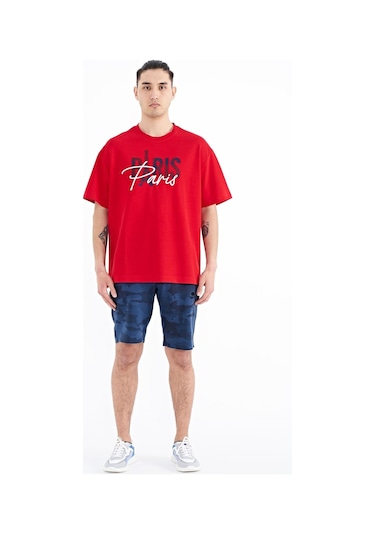 Tommy Life Kırmızı Yazı Nakışlı O Yaka Oversize Erkek T-shirt - 88223 001