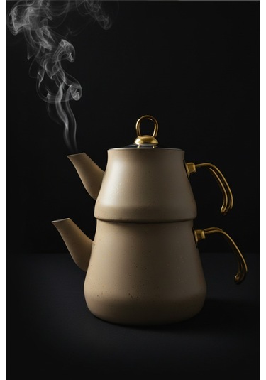 Yunusoğlu Home Granit Kaplama Gold Kulplu Cam Kapak Çaydanlık Krem Krem