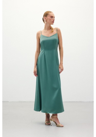Sateen Askılı Uzun Saten Elbise - Mint-136328 Mint