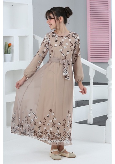 Kız Çocuk Astarlı Tam Boy Çiçek Desenli İç Göstermeyen Şık Ve Rahat Uzun Elbise Bej-beyaz