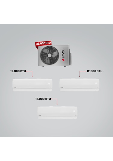 Arçelik 1+3 Multi Sistem 36100 MD Pro Dış Ünite 3 Adet 12 BTU Beyaz İç Üniteler Duvar Tipi Klima
