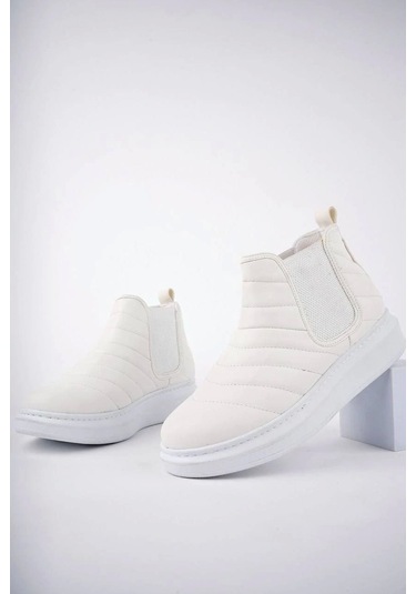 Slw205 Boston Bağcıksız Cilt Erkek Spor Bot Bt Beyaz Beyaz