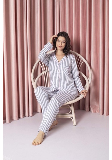 Ahengim Kadın Pijama Takımı Süprem Uzunkol Çizgili Bebe Yaka Boydan Düğmeli Pamuklu Mevsimlik W20592298 001 Ahengim Kadın Pijama Takımı Süprem Uzunkol Çizgili Bebe Yaka Boydan Düğmeli Pamuklu Mevsimlik W20592298 001