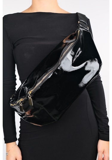 Luvishoes Venta Siyah Rugan Kadın Büyük Bel Çantası Siyah