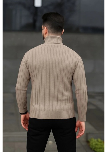 Erkek Fitilli Triko Kazak 2'li Set Bej Siyah Regular Balıkcı Yaka Tam Boğazlı Triko Seti Modeli Kaza Bej Siyah