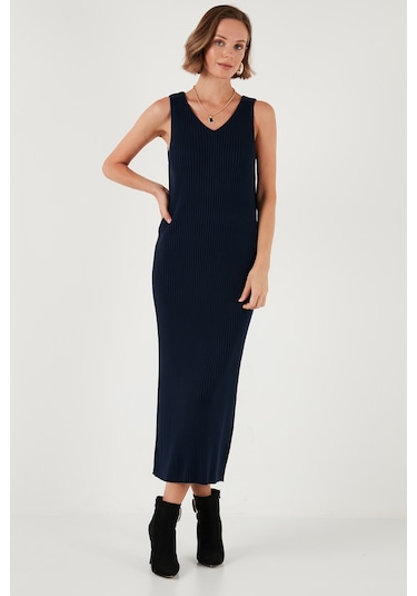 Lela V Yaka Fitilli Uzun Triko Bayan Elbise 4616169 Lacivert