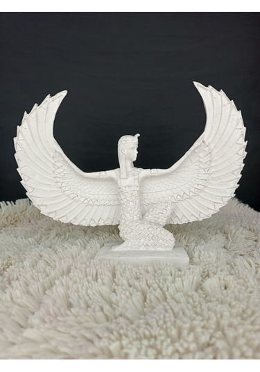 Antik İsis Heykel Obje, Beyaz Oturan Kanatlı İsis Obje, Ev Dekoru