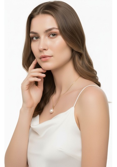 Üç Tırnaklı Pırlantalı 0,088 Karat Doğal İnci Kolye 11 Mm Sarı 11 Mm