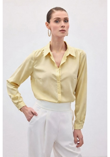 Sateen Düz Klasik Gömlek - Sarı-136999 sarı