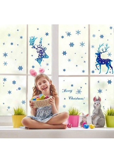 Pazly 5 Yaprak Noel Dekorasyon Çıkartması Cam Pencere Mavi Elk Statik Süsler 20x30cm 5pcs-05