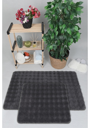 Modern Bubble Yıkanabilir Kaymaz Peluş Banyo Paspası Halısı 2li Klozet Takımı 50x80-50x40cm Antrasit