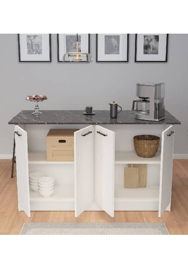 Patentli 160lık Benzila Siyah Kulplu Ada Mutfak, Mutfak Dolabı, Çok Amaçlı Dolap Siyah - Beyaz