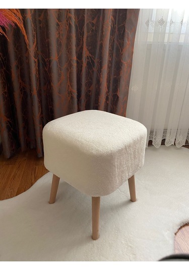 Kare Kesim Ahşap Ayaklı Teddy Kumaş Dekoratif Beyaz Renk Puf