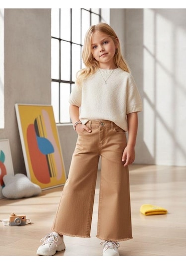 Zekids Kız Çocuk Pamuklu Paçaları Püsküllü Pantolon-16677 Camel
