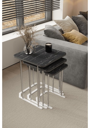 3' Lü Kare Zigon Sehpa Gümüş Ayak Siyah Mermer 18 Mm Mdf Gümüş - Siyah Mermer