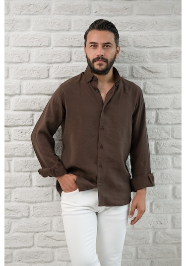 Regular Fit Yaka Düğmeli Yazlık Modal Kumaş Erkek Gömlek Kahverengi