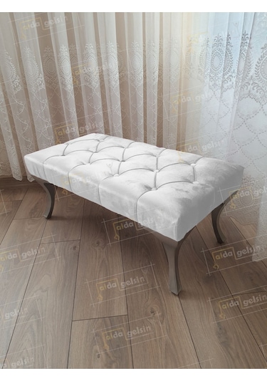 Kapitoneli Ayak Ucu Kapı Önü Antre Bench Puf Gümüş Ayak 90 45 Beyaz