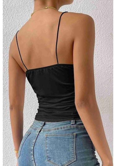 Merry See Kadın Kolsuz Askılı Degaje Yaka Bluz Crop Siyah 001
