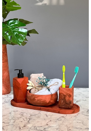 4'lü Terracotta Serisi Mermer Desenli Beton Banyo Seti Tuvalet Wc Sıvı Sabunluk Diş Fırçalığı Takım Kahverengi