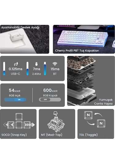 Aula F87 Pro V2 Mekanik Rgb Tkl Star Vector Switch Kablosuz Makrolu Hot Swap Klavye Desenli Beyaz