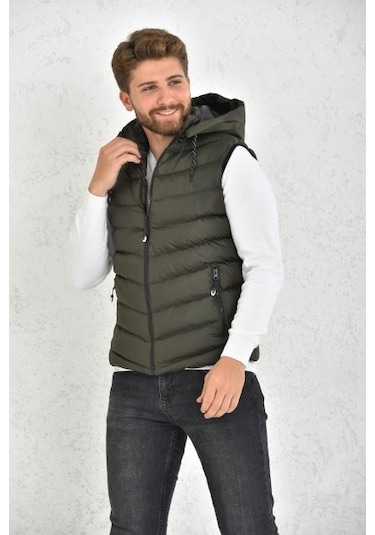 Erkek Haki Jel Dolgu Çıkarılabilir Fermuarlı Kapüşon Şişme Yelek