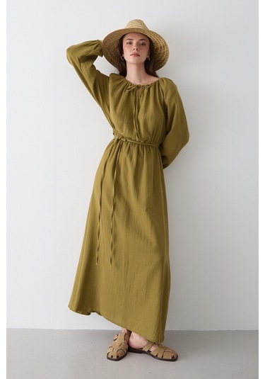 Haki Bağlama Detaylı Müslin Elbise - 2004 Haki