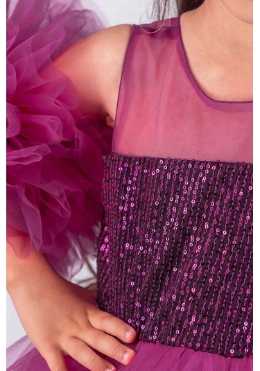 Kız Çocuk Abiye Elbise Ponpon Kol Pul Payetli Tütülü Fuşya