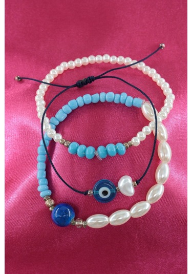 3lü Nazar Boncuklu İncili Boncuklu Asansörlü Lastikli İp Bileklik. Kadın İp Bileklik Halhal Çok Renkli