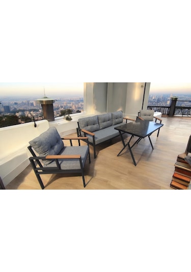 Pimango Pi Elize Bahçe Balkon Mobilyası Gri 3+1+1 Ve Perla Masa Gri