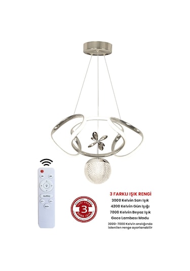 Ransom 3 Renk Toplu Kumandalı Krom Gümüş Dimmerli Led Avize Dron Ledli Avize Gri