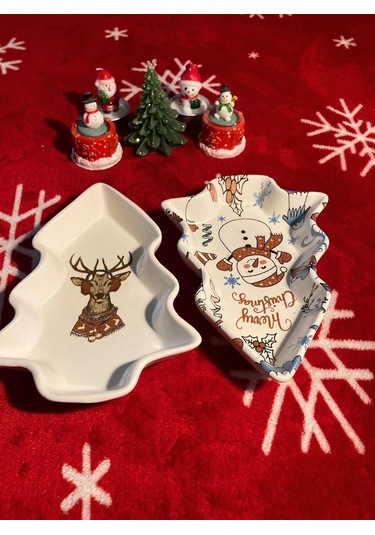 Yılbaşı Temalı 2'li Ağaç Tasarımlı Desenli Seramik Sunum Servis Tabağı 17x12 Cm Geyikli Ve Kardan Adamlı