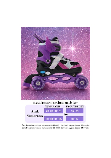 Melek Kanatlı Işıklı Çocuk Pateni Silikon Teker Ayarlanabilir Paten Taşıma Çantalı Mor Mor