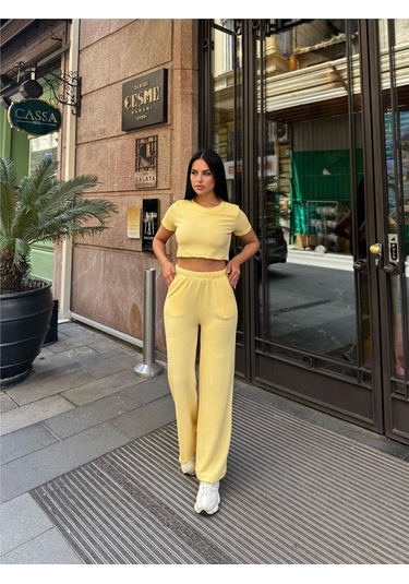 Sarı Modal Keten Desenli Bisiklet Yaka Takım Sarı