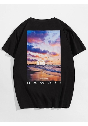 Erkek Siyah Oversize Hawaii Baskılı T-shirt Siyah-68437