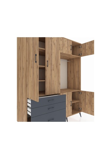 Kronos Gardrop 7 Raflı 3 Çekmeceli Tek Askılı 176x59x221 Çam-çam/antrasit Çam/antrasit