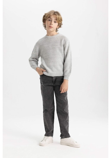 DeFacto Erkek Çocuk Gri Bisiklet Yaka Basic Düz Triko Kazak C9468A824AUGR210