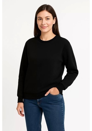 Kadın Üç İplik Düz Bisiklet Yaka Sweatshirt - Siyah Siyah