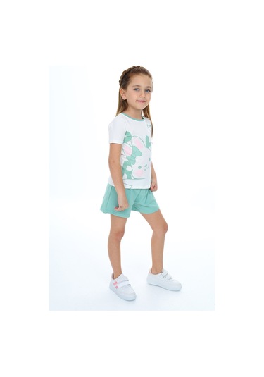 Toontoy Kız Çocuk Garnili Tavşan Baskılı Şortlu Takım Yeşil