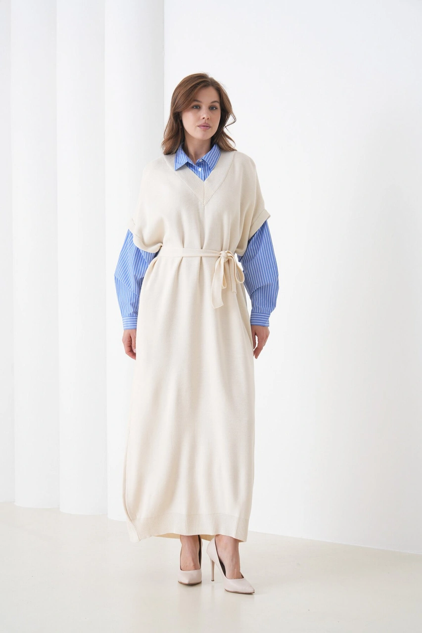 Kadın Uzun Kol Gömlek Yaka İçi Gömlekli Triko Kuşaklı Triko Spor Şık Elbise Bej