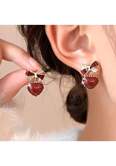 Loft Kalp Detaylı Bordo Küpe Sevgililer Günü , Annenize Verilecek En Güzel En Hasaplı Küpe Hediyesi Çok Renkli