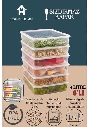 6'lı Sızdırmaz Freshbox Saklama Kabı Mikrodalga Ve Buzdolabı Uyumlu / 3000 Ml Şeffaf Şeffaf
