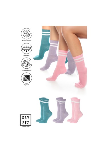 Bambu Unisex Tenis Kolej Çizgili Premium Pembe-lila-su Yeşili Dikişsiz Soket Çorap 3'lü Paket Renkli
