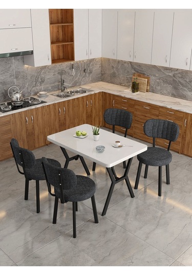 Azra 70x110cm Beyaz Mutfak Masası, Mutfak Masası Takımı, Yemek Masası, 4 Antrasit Sandalye Antrasit