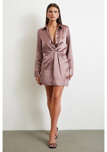 Viskon Saten Gömlek Elbise Yeşil Yeşil